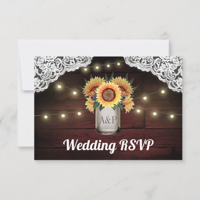 Sonnenblume Mason Jar Wood Lace Wedding RSVP Cards (Vorderseite)