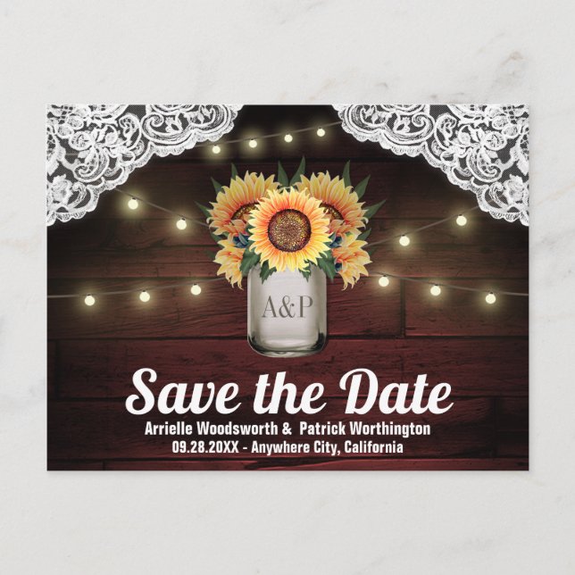 Sonnenblume Mason Jar Wood Save the Date Postkarte (Vorderseite)