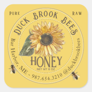 Sonnenblume mit Bienen Honigbären-Label 8 & 12 oz Quadratischer Aufkleber