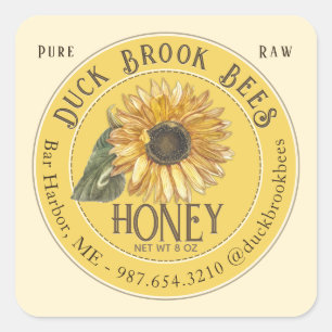 Sonnenblume mit Bienen Honigbären-Label 8 & 12 oz Quadratischer Aufkleber