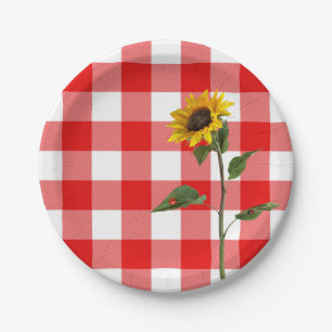 Sonnenblume mit Damenkäfer auf karierten karierten Pappteller
