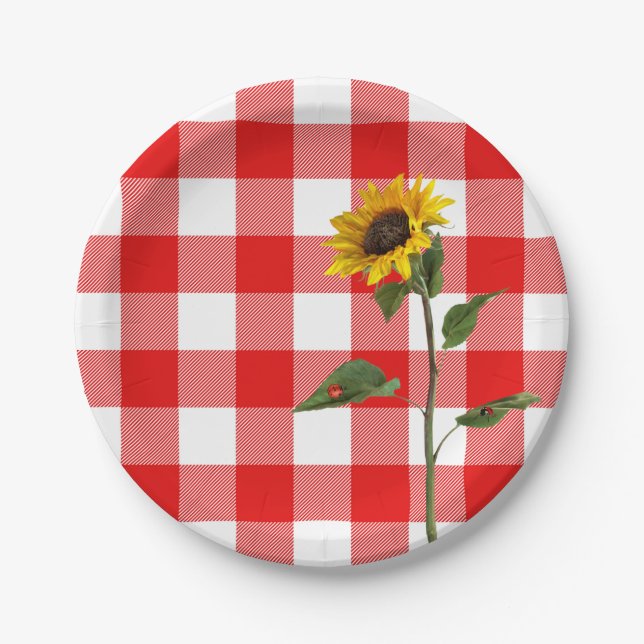 Sonnenblume mit Damenkäfer auf karierten karierten Pappteller (Vorderseite)