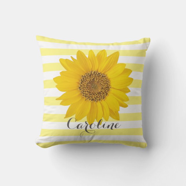 Sonnenblume mit Individuelle Name Gelb Streifen Kissen (Vorderseite)