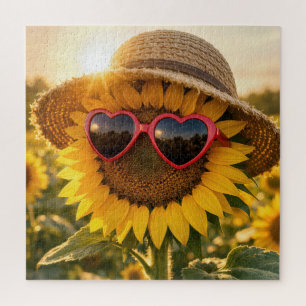 Sonnenblume mit Sonnenbrille und Strohhut