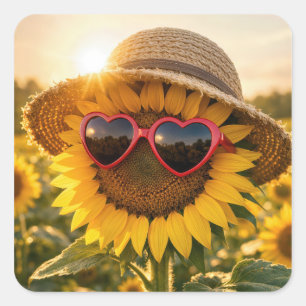 Sonnenblume mit Sonnenbrille und Strohhut Quadratischer Aufkleber