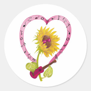 Sonnenblume mit Ukulele und Musiknoten Runder Aufkleber
