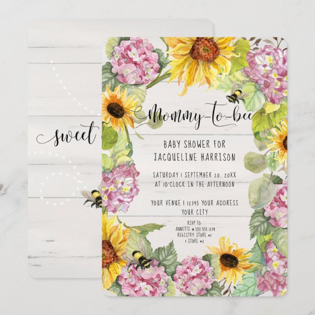 Sonnenblume Mommy to Bee Pink Hydrangeas Dusche Einladung (Vorne/Hinten)