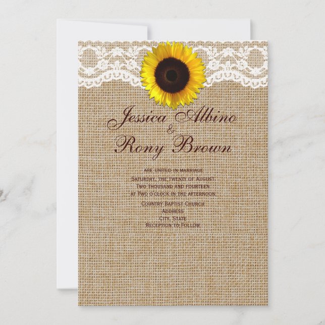 Sonnenblume Naturburlap Lace Hochzeit Einladung (Vorderseite)