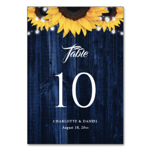 Sonnenblume Navy Blau Holz Lichterkette Tischnummer
