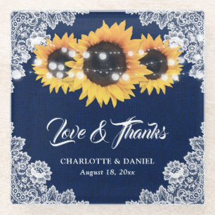 Sonnenblume Navy Blau Jute Blumen Spitze Hochzeit Glasuntersetzer