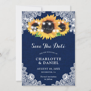 Sonnenblume Navy Blau Jute Spitze Hochzeit Save The Date
