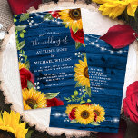 Sonnenblume Navy Blauer Rote Rose Rustikale Holzve Einladung<br><div class="desc">Schöne und einzigartige rustikale Sonnenblumen Hochzeit Einladungen, die leicht personalisiert für Ihren Großen Tag! Dieses originelle Aquarell/Mixed-Media-Design zeigt handgemalte gelbe Sonnenblumen, tiefbordeauxfarbene rote Rosen, den Atem des weißen Babys und eine Mischung aus Wildblumen und Blumengrün. Der Hintergrund hat eine tiefe marineblaue Scheune, eine Vintage Holzstruktur mit Saitenleuchten, die den Rahmen...</div>
