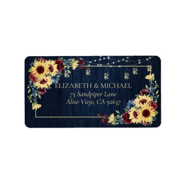 Sonnenblume Navy Blue Burgundy Wood Floral Adresse Adressaufkleber (Vorne)
