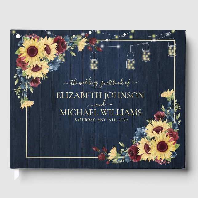 Sonnenblume Navy Blue Burgundy Wood Floral Hochzei Gästebuch (Vorderseite)