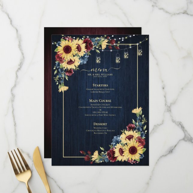 Sonnenblume Navy Blue Burgundy Wood Floral Hochzei Menükarte (Vorderseite/Rückseite Beispiel)