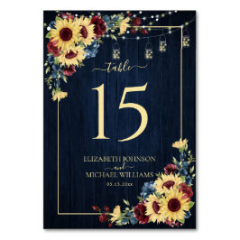 Sonnenblume Navy Blue Burgundy Wood Floral Hochzei Tischnummer