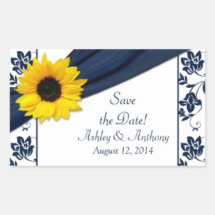 Sonnenblume Navy Blue Damask Hochzeitskleber Rechteckiger Aufkleber