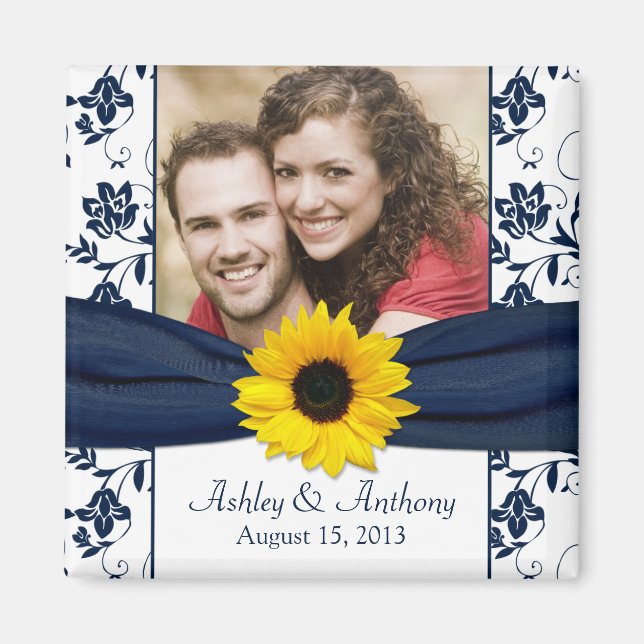 Sonnenblume Navy Blue Damask Hochzeitsmagnet Magnet (Vorne)