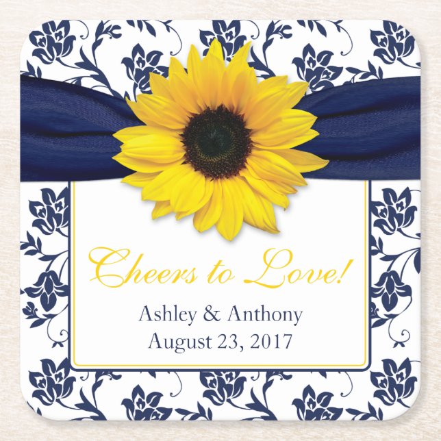 Sonnenblume Navy Blue Damask Personalisiert Hochze Rechteckiger Pappuntersetzer (Vorderseite)