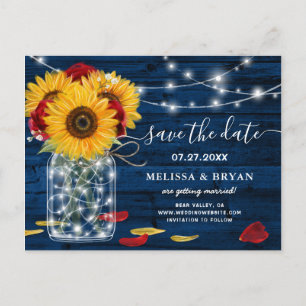 Sonnenblume Navy Blue Rote Rose Rustikal Save the  Ankündigungspostkarte