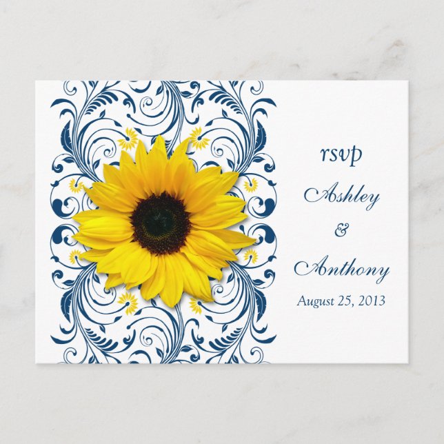 Sonnenblume Navy Blütenblume Hochzeit Rsvp Einladungspostkarte (Vorderseite)