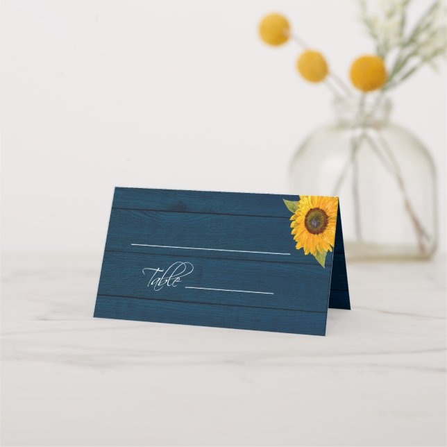Sonnenblume Navy Blütenblume Rustikaler Hochzeitst Platzkarte (Vorderseite)