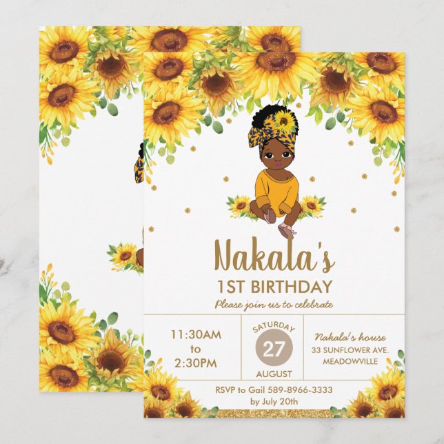 Sonnenblume Niedliches Afrikanisches Mädchen 1. Ge Einladung (Vorne/Hinten)
