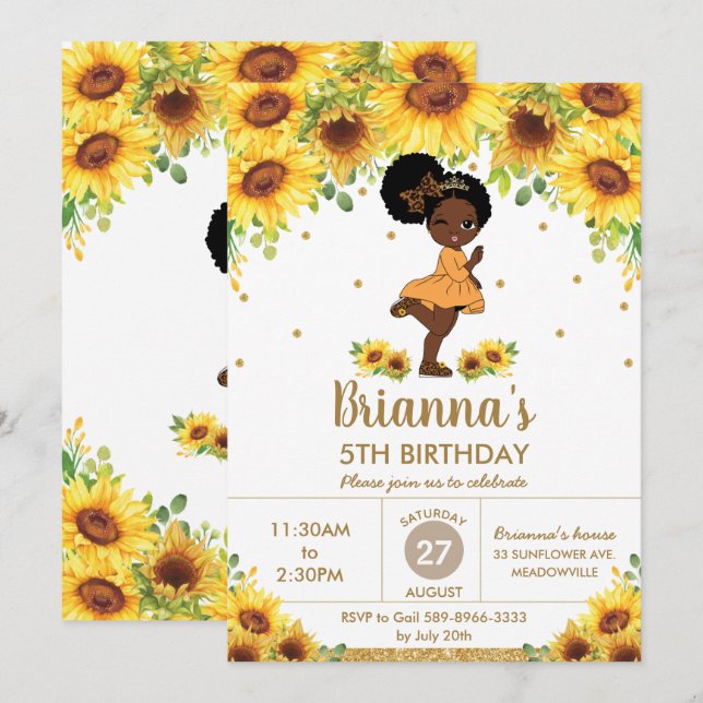 Sonnenblume Niedliches Afrikanisches Mädchen Gebur Einladung (Vorne/Hinten)