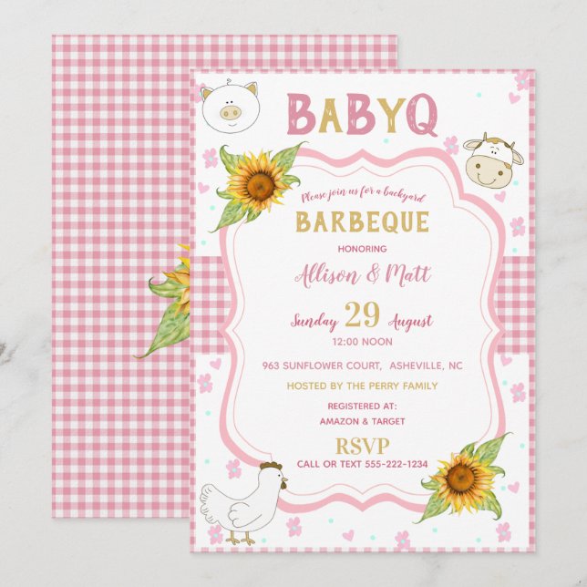 Sonnenblume Pink Gingham Baby Q Barbecue Einladung (Vorne/Hinten)