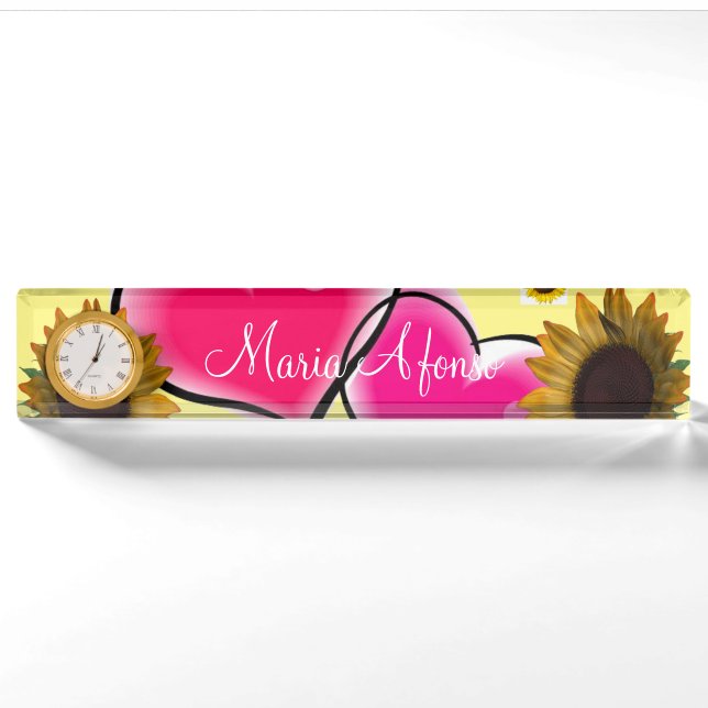 Sonnenblume Pink Hearts Desk Namplate Namensplakette (Vorderseite)