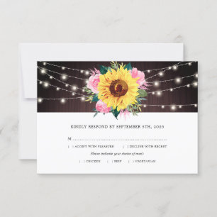 Sonnenblume Pink Roses Lights Wood Wedding Meeting RSVP Karte
