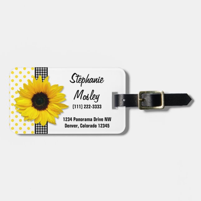 Sonnenblume Polka Dot Gingham Yellow Schwarz-weiß Gepäckanhänger (Vorderseite horizontal)