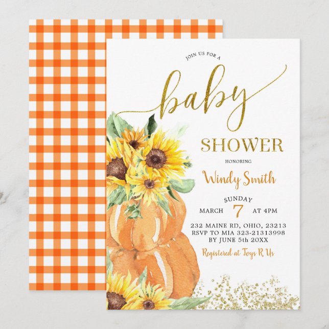 Sonnenblume Pumpkin Fall Baby Dusche Einladung (Vorne/Hinten)