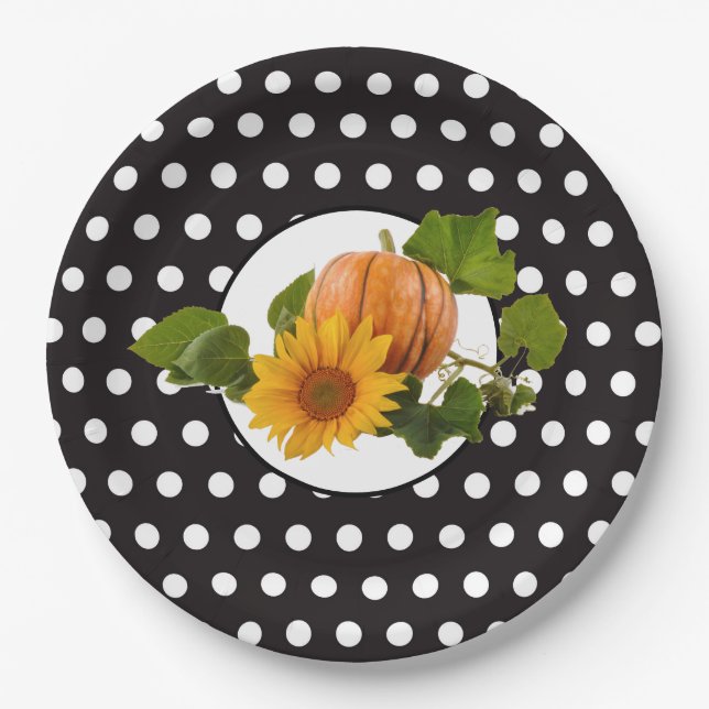 Sonnenblume & Pumpkin Polka Dot Erntedank Pappteller (Vorderseite)