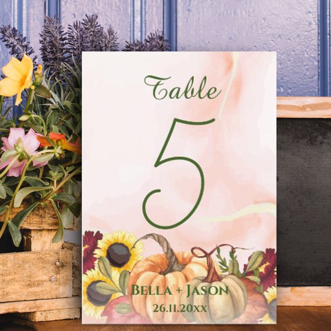 Sonnenblume Pumpkin Themed Hochzeit im Herbst Tisc Dankeskarte (Sunflower Pumpkin Themed Fall WEDDING Table Number)