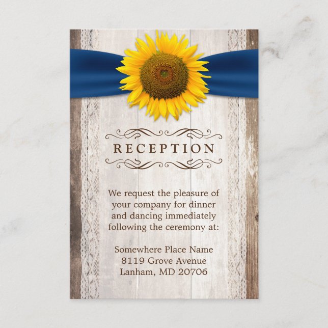 Sonnenblume Ribbon rustikales Holz Hochzeitsempfan Begleitkarte (Vorderseite)