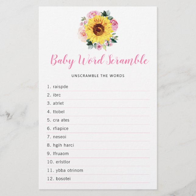 Sonnenblume Rosa Blumenblume Baby Dusche Word Spie (Vorderseite)