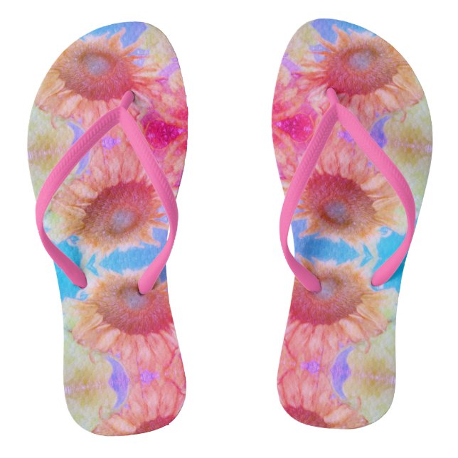Sonnenblume Rosa Gelb Blau Boho Blumenmuster Flip Flops (Fußbett)