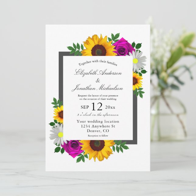 Sonnenblume Rose Daisy Floral Wedding Einladung (Stehend Vorderseite)