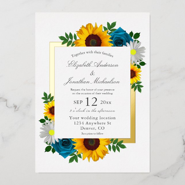 Sonnenblume Rose Daisy Floral Wedding Folieneinladung (Vorderseite)