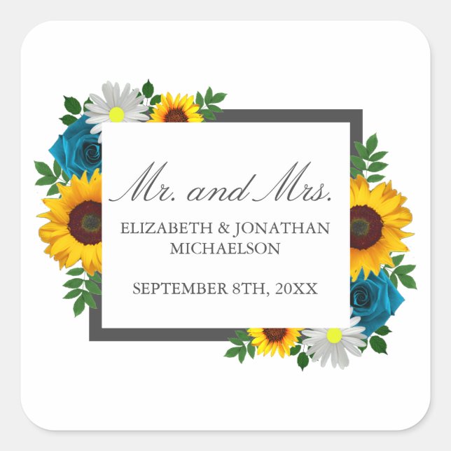 Sonnenblume Rose Daisy Floral Wedding Quadratischer Aufkleber (Vorderseite)