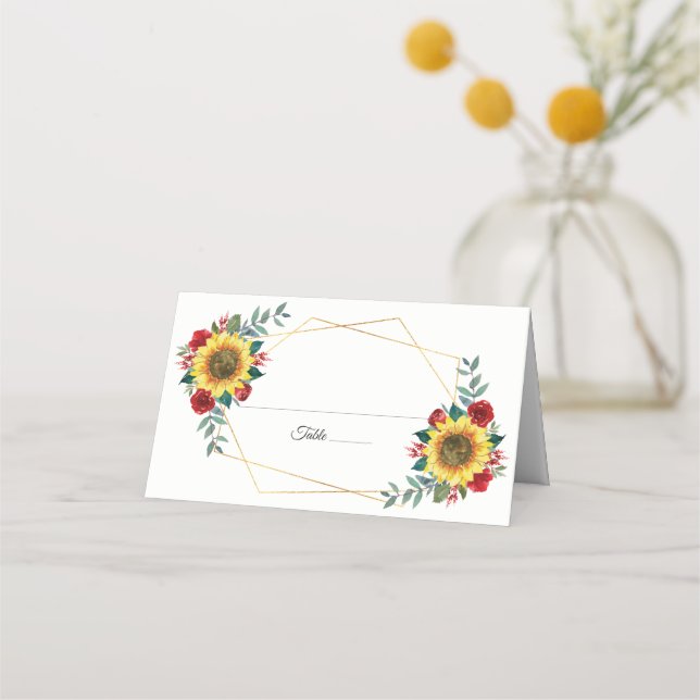 Sonnenblume Rote Blume Geometrische Hochzeit Platzkarte (Vorderseite)