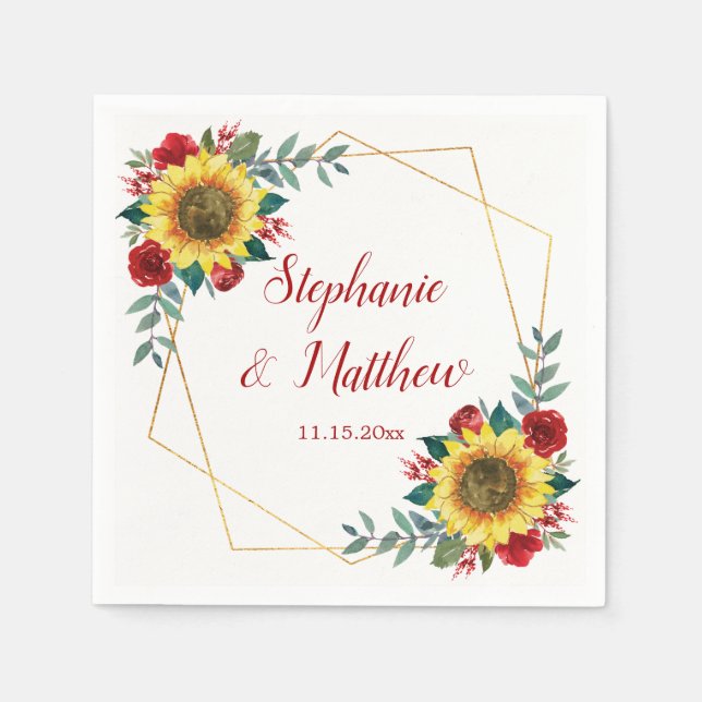 Sonnenblume Rote Blume Geometrische Hochzeit Serviette (Vorderseite)