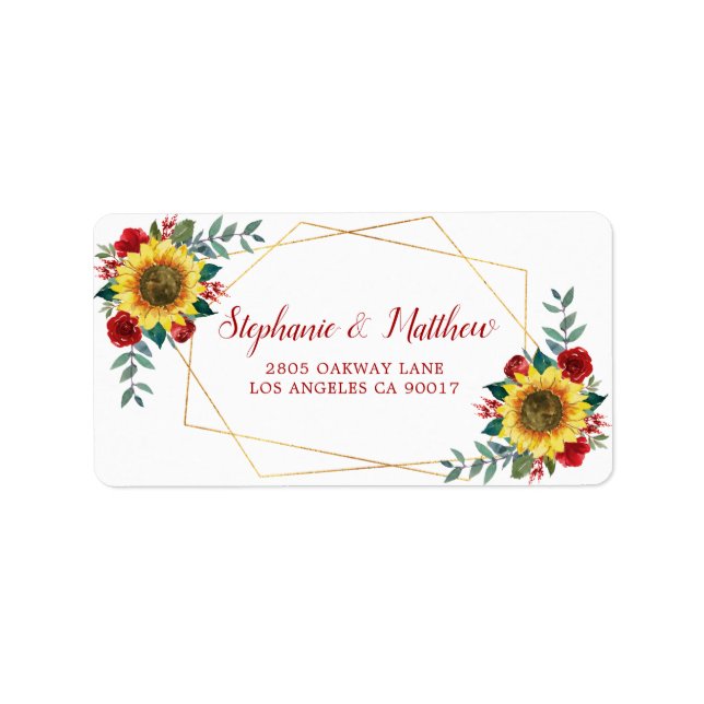 Sonnenblume Rote Rose Geometric Gold-Adresse Adressaufkleber (Vorne)