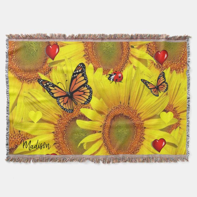 Sonnenblume Rotes Herz Butterfly Donnerschlag Deck Decke (Vorderseite)