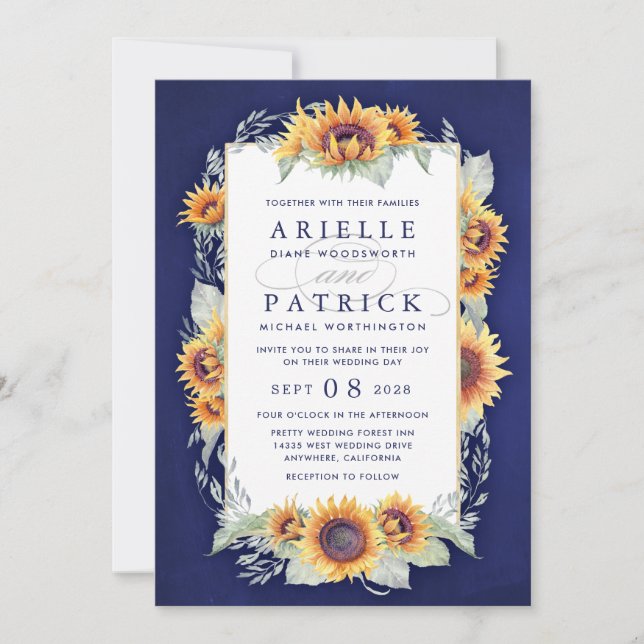 Sonnenblume Royal Blauer Rustikale Hochzeitseinlad Einladung (Vorderseite)