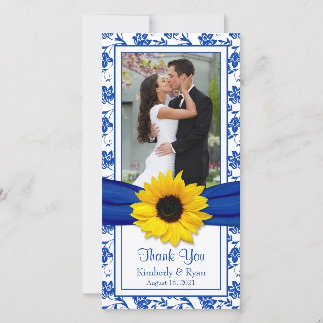 Sonnenblume Royal Blue Floral Wedding Vielen Dank Dankeskarte (Vorderseite)