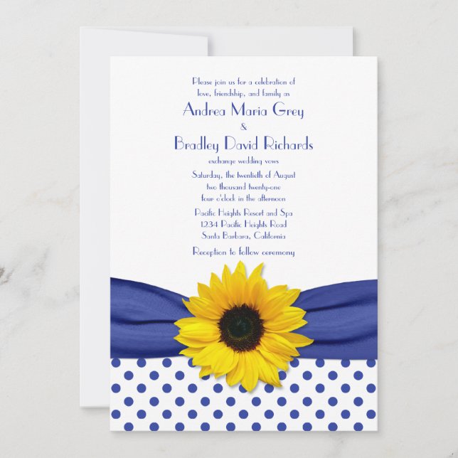 Sonnenblume Royal Blue White Polka Dot Wedding Einladung (Vorderseite)