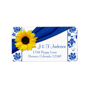 Sonnenblume Royalblaue Damast Hochzeits-Rücksendea Adressaufkleber