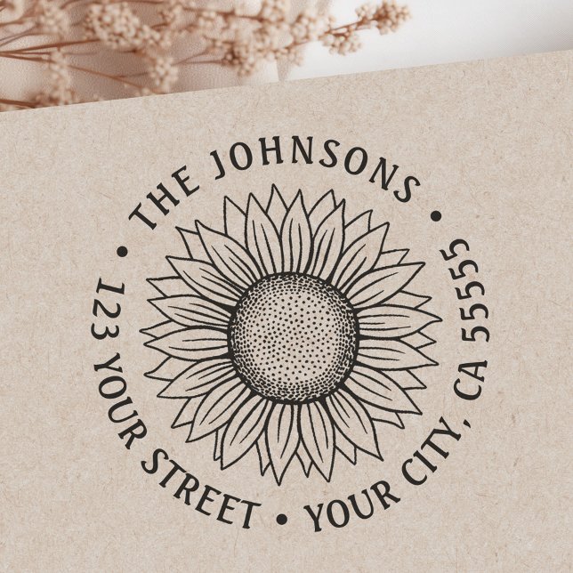 Sonnenblume-Rücksendeadresse Permastempel (Sunflower return address self-inking stamp)